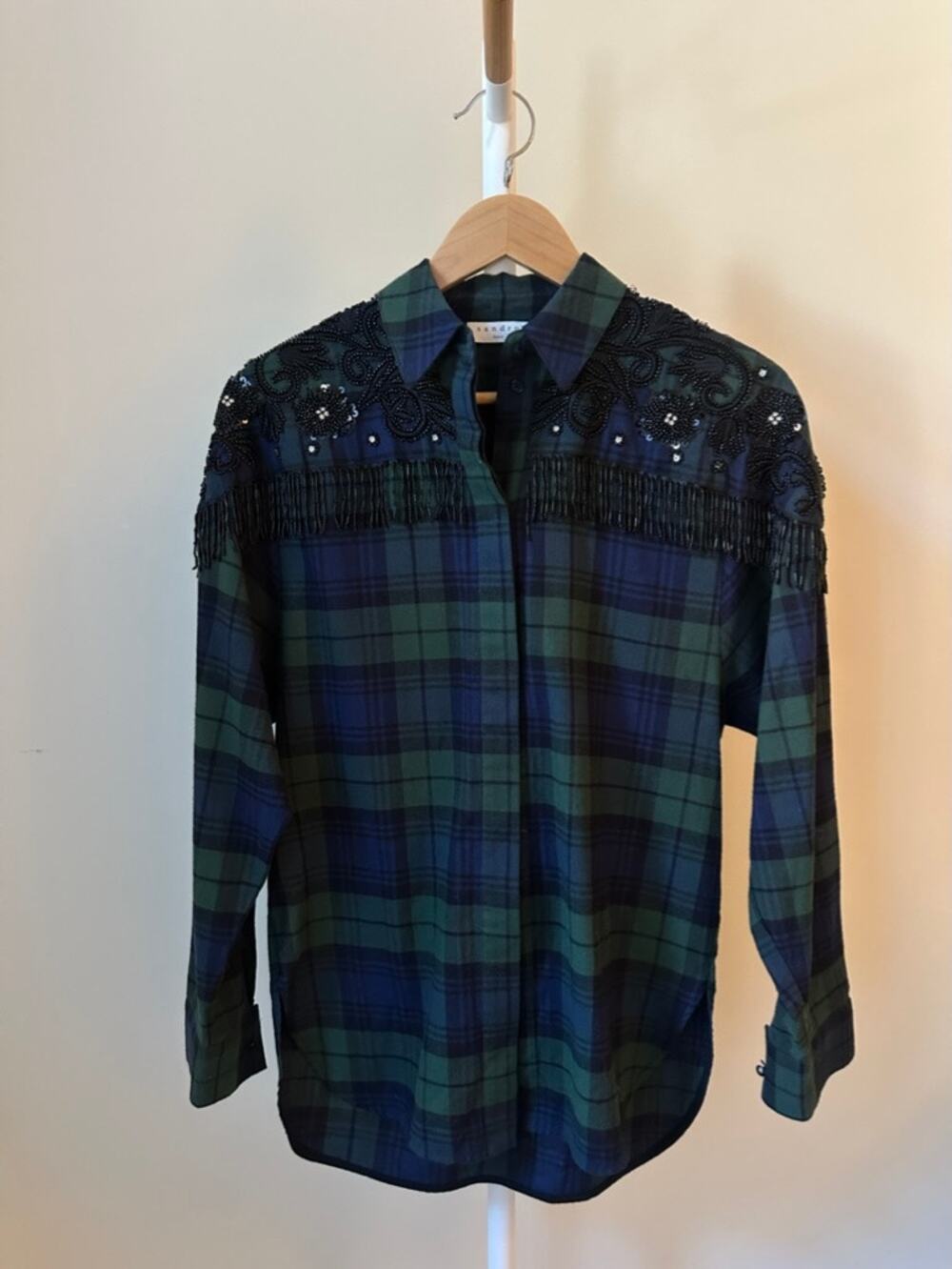 Sandro Plaid Western Shirt with Bead Embellishment, Size 1